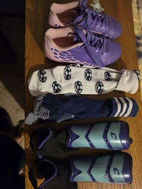 Kids Purple Soccer Kleats, Shin Guard, And Socks Set